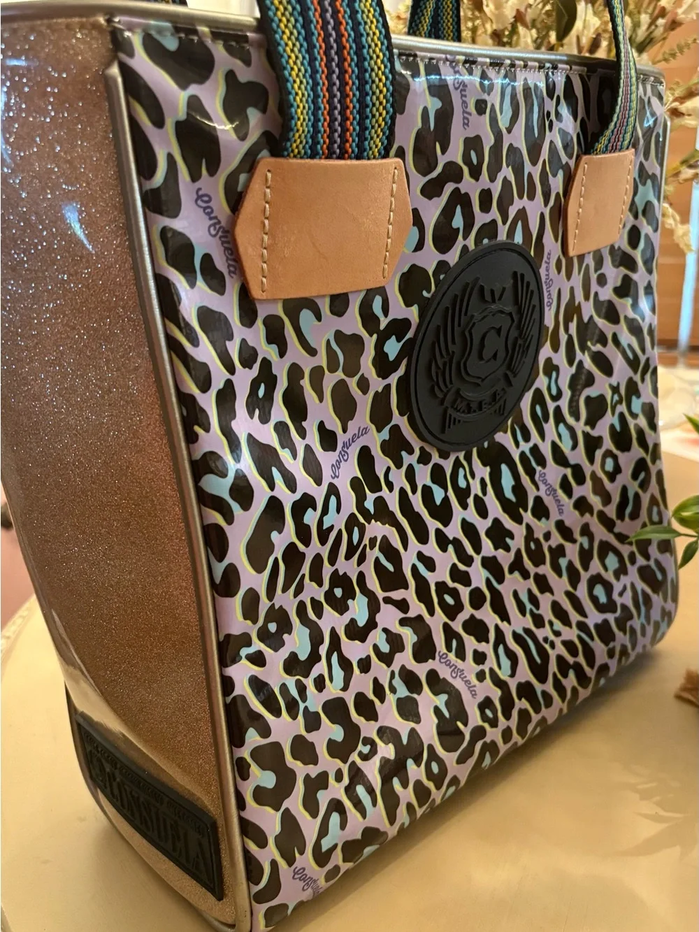 Leopard Print Tote Bag with Rainbow Straps - Multicolor
